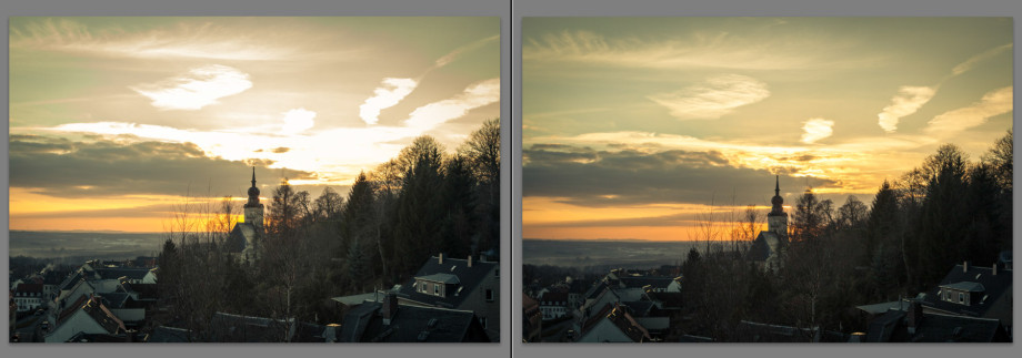 Links siehst Du ein Motiv, das im JPG-Format aufgenommen wurde, rechts eins mit den selben Einstellungen im RAW-Format. Der Versuch, in der Nachbearbeitung die ausgefressenen Lichter am Himmel zu korrigieren, ist beim RAW-Format wesentlich besser geglückt. Viele Details am Himmel konnten im rechten Foto wiederhergestellt werden.